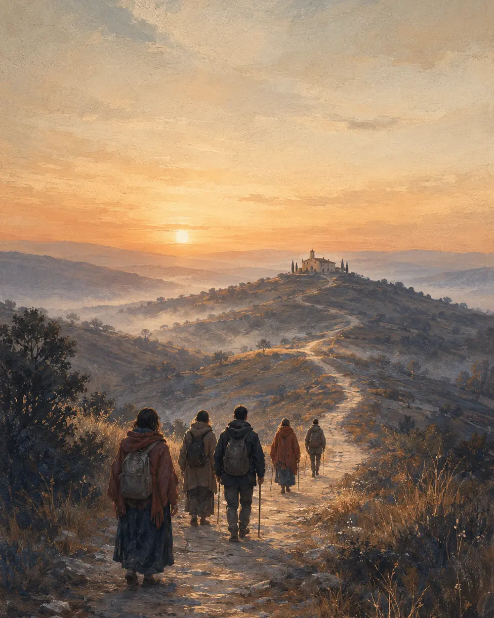 Peregrinos caminhando ao amanhecer em direção a um santuário